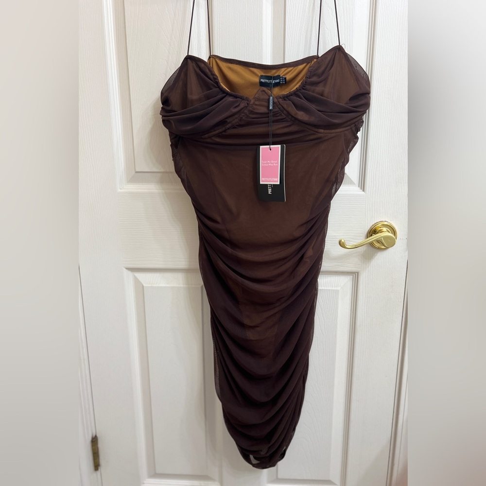 NWT PrettyLittleThing Chocolate Brown Ruched Mesh Bodycon Dress XL